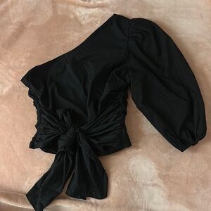 Express Black Puff Sleeve Blouse with Tie Front and Ruched Details